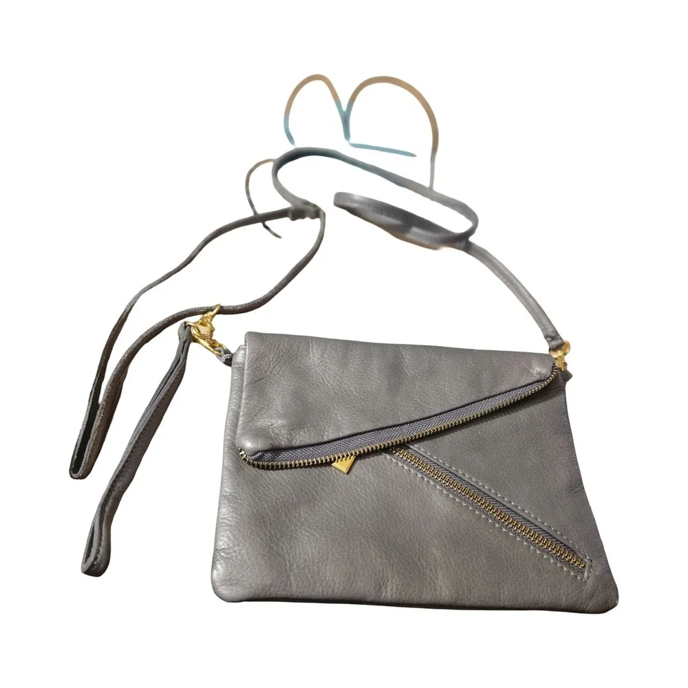 Genuine‎ Gray Leather Asymmetrical Foldover Crossbody Bag Gold Hardware